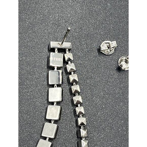 Diesel Designer Signed Stainless Steel Long Square Studded Dangle Earrings - Picture 7 of 15